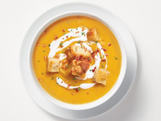 Sweet Potato-Parsnip Soup with Bacon Croutons